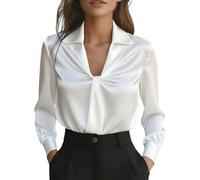 Blusa de mujer elegante y elegante blusa de satén camisas y blusas moda túnica blusa manga larga color sólido superior casual Funky Top Business Blusas de noche, blanco, L