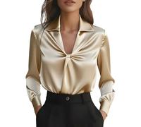 Blusa de mujer elegante y elegante blusa de satén camisas y blusas moda túnica blusa manga larga color sólido superior casual Funky Top Business Blusas de noche, beige, L
