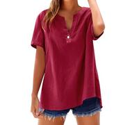 Blusa de mujer elegante y elegante camisa de algodón lino, camisa de manga corta para mujer, blusa con cuello en V, camiseta casual de color liso, amplia transpirable, superior todos los días, túnica