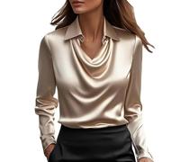 Blusa de mujer elegante y elegante verano de satén senior swing cuello alto blusa manga larga moda impresa/color liso camisa camiseta casual túnica Top moda camiseta camiseta holgada casual de