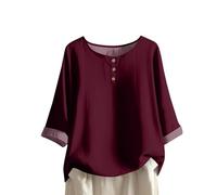 Blusa de mujer verano con botones altos con cuello en U camiseta de verano elegante y elegante blusa manga 3/4 casual cómoda túnica color liso ropa clásica blusa de gran tamaño vacaciones, 03#wine, XL