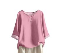 Blusa de mujer verano con botones altos con cuello en U camiseta de verano elegante y elegante blusa manga 3/4 casual cómoda túnica color liso ropa clásica blusa de gran tamaño vacaciones, 03#rosa, M