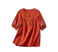 Blusa de muselina para mujer, elegante, con ojal, bordado, blusa de lino, algodón y lino, informal, monocolor, con botones, cuello redondo, blusa holgada, manga corta, parte superior ligera, naranja