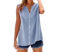 Blusa de muselina para mujer, informal, manga corta, blusa de verano, cuello en V, 100 % algodón, lisa, elegante, con bolsillo, túnica, verano, moderna y versátil, 2 azul claro, XL