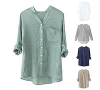 Blusa de muselina para mujer, tallas grandes, blusas y túnicas para mujer, tallas grandes, manga larga, blusa de lino, blusa de muselina, top de solapa, camiseta larga, holgada, manga larga con