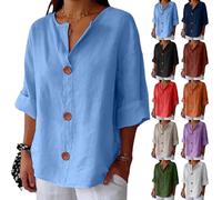 Blusa de muselina para mujer, verano, algodón, blusa de lino, elegante, manga 3/4, túnica, tallas grandes, informal, cuello en V, camisa de lino con botones, camiseta de gran tamaño, para adolescentes