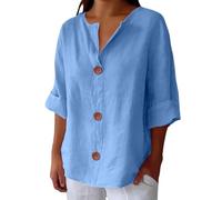 Blusa de muselina para mujer, verano, algodón, blusa de lino, elegante, manga 3/4, túnica, tallas grandes, informal, cuello en V, camisa de lino con botones, camiseta de gran tamaño, para adolescentes