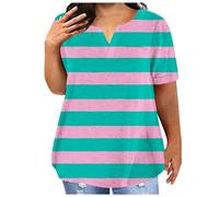 Blusa de rayas para mujer, informal, talla grande, cuello en V, bolsillo, manga corta, suelta, blusas con purpurina, color negro, Rosa., 4XL