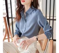 Blusa de satén de estilo francés para mujer | Elegante camisa de manga larga con cuello en V | Camiseta profesional de ajuste holgado para primavera, otoño, uso diario, vacaciones (S, gris azul)