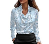 Blusa de satén de manga larga para mujer, cuello en V, color liso, para salir, casual, otoño, trabajo, negocios, 02-b-azul claro, S
