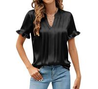 Blusa de satén para mujer, elegante camiseta plisada, cuello en V, camiseta monocolor, manga corta, suave, cómoda, parte superior básica, parte superior ligera, Negro , S