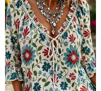 Blusa de talla grande para mujer, estilo bohemio, holgada, de media, con cuello en V y larga, con estampado floral boho, para uso diario, vacaciones, fiestas, y ocasiones de festival