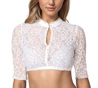 Blusa de tirolesa para mujer, color blanco, manga corta, blusa tirolesa, media manga, blusa de encaje transparente, cuello en V, cuello alto, tira de botones, parte superior para Oktoberfest