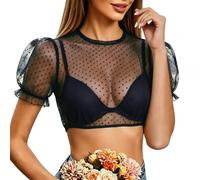 Blusa de tirolesa para mujer, transparente, de manga corta con puntos, para Oktoberfest, boda, fiesta, blusa de encaje