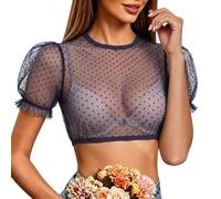 Blusa de tirolesa para mujer, transparente, de manga corta con puntos, para Oktoberfest, boda, fiesta, blusa de encaje