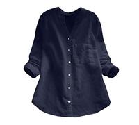 Blusa de verano de manga larga para mujer, de algodón, cuello en V, blusa larga de lino, blusa larga para negocios, camisa de lino de gran tamaño, blusa de lino con bolsillos, blusa transpirable de