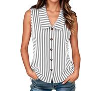 Blusa de verano para mujer, a rayas, cuello de Peter-Pan-Can, sin mangas, blusa de lino, blusa de algodón, camisa de lino, informal, muselina, camiseta de lino, con botones, blusa de verano, ligera y