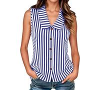 Blusa de verano para mujer, a rayas, cuello de Peter-Pan-Can, sin mangas, blusa de lino, blusa de algodón, camisa de lino, informal, muselina, camiseta de lino, con botones, blusa de verano, ligera y