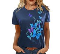 Blusa de verano para mujer, camiseta de cuello retro, camiseta suelta, cuello en V, manga corta, flores informales, camisetas para mujer, pendientes neón, azul, XL