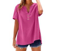 Blusa de verano para mujer, camiseta de lino para mujer, camiseta de verano elegante, manga corta, cuello en V, blusa de lino holgada, transpirable, camiseta ligera de muselina con botones, camiseta