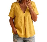 Blusa de Verano para Mujer: Estilo Babydoll, Manga Corta, Cuello en V, Holgada y Plisada; Ideal para la Playa o un Look Casual Elegante (Amarillo,L)