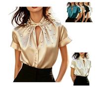 Blusa Elegante de Manga Corta para Mujer en Color Liso con Botones de Perla; Top Chic y versátil para Oficina o Salidas de Verano. (Light Gold,M)