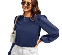 Blusa Elegante de Manga Larga Mujer Casual Camisetas Cuello Redondo Blusas Sueltas de Color sólido Moda Túnica Tops Camisa Fiesta T-Shirt para Primavera Otoño