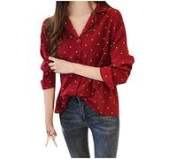 Blusa elegante de manga larga para mujer, color rojo, blusa festiva, blusa holgada, con lunares, blusa larga, festival, camiseta larga, con solapa, camiseta holgada, camiseta ligera para primavera