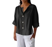 Blusa elegante de verano para mujer, tallas grandes, manga 3/4, blusa de lino, cuello en V, muselina, blusa de verano, holgada, algodón y lino, Negro , 3XL Grande