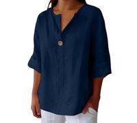 Blusa Elegante para Mujer De Algodón Y Lino Loose Manga Corta T Shirt Color Liso Ligero Y Suave Cuello De Pico Ropa