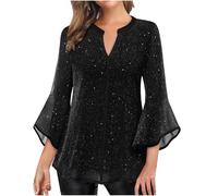 Blusa elegante para mujer, manga 3/4, manga con volantes, parte superior de malla, patchwork, fiesta, túnica, cuello de pico, jersey festivo, doble capa, ligera, transpirable, Negro , S