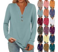 Blusa Elegante y Chic para Mujer, Camiseta de Manga Larga y Estilo Oversize, Blusa con Botones, Top Casual de Color Liso, Cuello en V, Ropa de Vestir Informal, Top Simple para Exteriores, Negro , L
