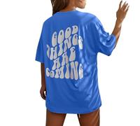 Blusa estampada de manga corta para mujer, diseño con texto en inglés "Good Things are Coming", ligera y suave para verano, camiseta casual de entrenamiento para mujer, azul, XL