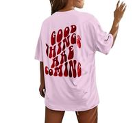 Blusa estampada de manga corta para mujer, diseño con texto en inglés "Good Things are Coming", ligera y suave para verano, camiseta casual de entrenamiento para mujer, rosa, L