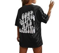 Blusa estampada de manga corta para mujer, diseño con texto en inglés "Good Things are Coming", ligera y suave para verano, camiseta casual de entrenamiento para mujer, Negro, M