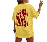 Blusa estampada de manga corta para mujer, diseño con texto en inglés "Good Things are Coming", ligera y suave para verano, camiseta casual de entrenamiento para mujer, amarillo, XXL