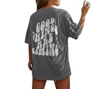 Blusa estampada de manga corta para mujer, diseño con texto en inglés "Good Things are Coming", ligera y suave para verano, camiseta casual de entrenamiento para mujer, gris oscuro, M