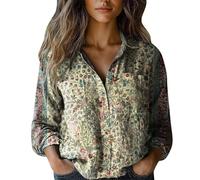 Blusa floral para mujer, estampado vintage, de lino, manga larga, con botones, cuello en V, solapa, camisa festiva, blusa holgada, informal, diario, verano, negocios, manga larga, Gris-o, 5XL