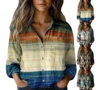 Blusa floral para mujer, estampado vintage, de lino, manga larga, con botones, cuello en V, solapa, camisa festiva, blusa holgada, informal, diario, verano, negocios, manga larga, Beige-l, 5XL