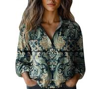 Blusa floral para mujer, estampado vintage, de lino, manga larga, con botones, cuello en V, solapa, camisa festiva, blusa holgada, informal, diario, verano, negocios, manga larga, Verde-l, 5XL