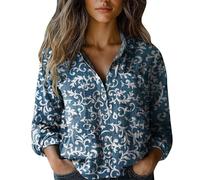 Blusa floral para mujer, estampado vintage, de lino, manga larga, con botones, cuello en V, solapa, camisa festiva, blusa holgada, informal, diario, verano, negocios, manga larga, Blanco-t, XXL