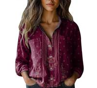 Blusa floral para mujer, estampado vintage, de lino, manga larga, con botones, cuello en V, solapa, camisa festiva, blusa holgada, informal, diario, verano, negocios, manga larga, Wein-j, 5XL