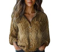 Blusa floral para mujer, estampado vintage, de lino, manga larga, con botones, cuello en V, solapa, camisa festiva, blusa holgada, informal, diario, verano, negocios, manga larga, Gold-o, 5XL