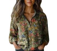 Blusa floral para mujer, estampado vintage, de lino, manga larga, con botones, cuello en V, solapa, camisa festiva, blusa holgada, informal, diario, verano, negocios, manga larga, Color caqui-h., 5XL