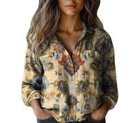 Blusa floral para mujer, estampado vintage, de lino, manga larga, con botones, cuello en V, solapa, camisa festiva, blusa holgada, informal, diario, verano, negocios, manga larga, Khaki-r, XXL