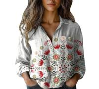 Blusa floral para mujer, estampado vintage, de lino, manga larga, con botones, cuello en V, solapa, camisa festiva, blusa holgada, informal, diario, verano, negocios, manga larga, Orange-d., 5XL