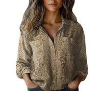 Blusa floral para mujer, estampado vintage, de lino, manga larga, con botones, cuello en V, solapa, camisa festiva, blusa holgada, informal, diario, verano, negocios, manga larga, Khaki-o, 5XL