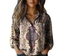 Blusa floral para mujer, estampado vintage, de lino, manga larga, con botones, cuello en V, solapa, camisa festiva, blusa holgada, informal, diario, verano, negocios, manga larga, Blanco o, 5XL