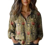 Blusa floral para mujer, estampado vintage, de lino, manga larga, con botones, cuello en V, solapa, camisa festiva, blusa holgada, informal, diario, verano, negocios, manga larga, Khaki-n, 5XL