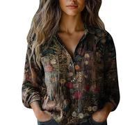 Blusa floral para mujer, estampado vintage, de lino, manga larga, con botones, cuello en V, solapa, camisa festiva, blusa holgada, informal, diario, verano, negocios, manga larga, Braun-f, 5XL